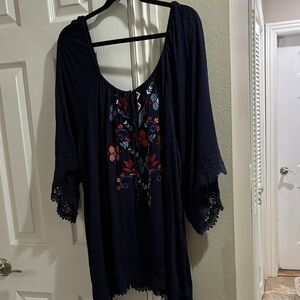 Eyeshadow Navy Blue Tunic with Embroidered Floral Design